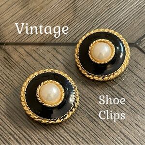 Vintage Bluette Round Button Style Shoe Clips Black Enamel Gold-tone Faux Pearls